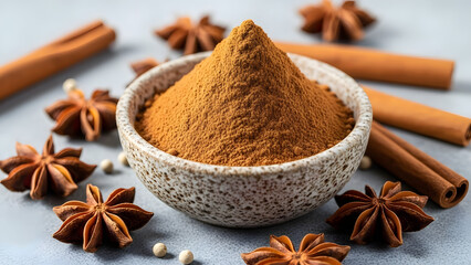 A rustic ceramic bowl filled with a heap of aromatic ground spice powder.