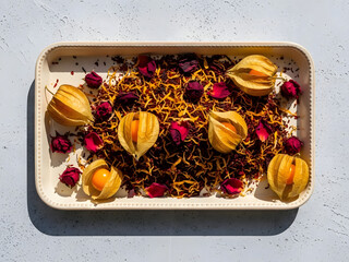Aromatic blend of dried tea leaves with physalis fruits and rosebuds on a tray.