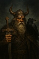 Mythical Warrior with Raven and Sword in Dark Norse-Inspired Scene