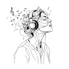Woman listening to music with headphones and notes