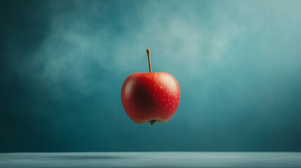Red apple floating against blue background symbolizing Newton Day  