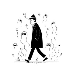 Man in trench coat and fedora walks with spirits, white