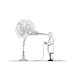 Man blowing into brain structure, concept