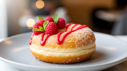 Delicious glazed doughnut topped with fresh raspberries and a swirl of red icing, presented on a simple plate
