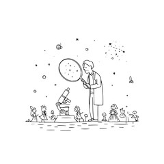 Scientist, children, and microscope exploring space, white
