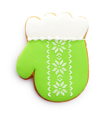 Gingerbread cookie in shape of mitten isolated on white, top view. Christmas treat