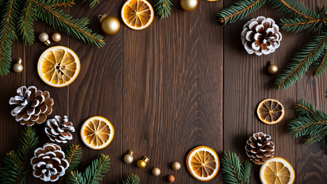 Top-view Christmas arrangement featuring dried orange slices, pinecones, evergreen branches, and golden ornaments on a dark wooden background, creating a warm rustic holiday look.