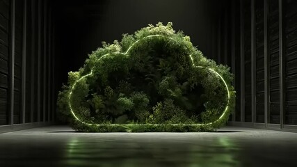 Cloud shape with green foliage in a dark setting with reflective floor - Powered by Adobe