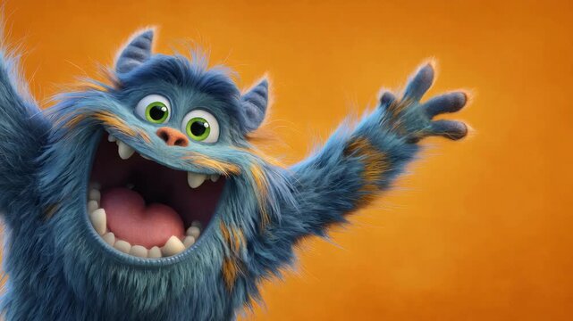 Funny fluffy blue monster with orange spots waves, looks left, and smiles wide in different movements for animated children show