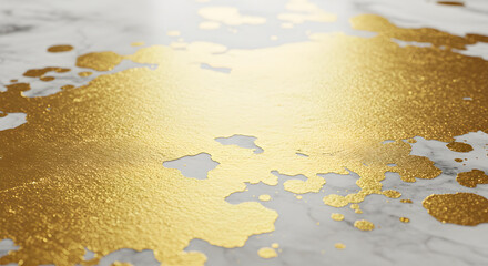 Golden paint splatters on a white marble surface, creating a luxurious and elegant abstract background texture for sophisticated design projects