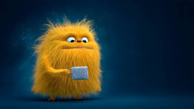 Sleepy fluffy monster drinking from cup transforms to wide awake expression, a funny morning coffee concept.