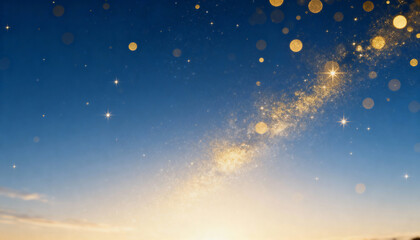 Abstract background of gold glitter and stars on deep blue. Magical celestial stardust with bokeh light. Christmas or New Year holiday concept with copy space
