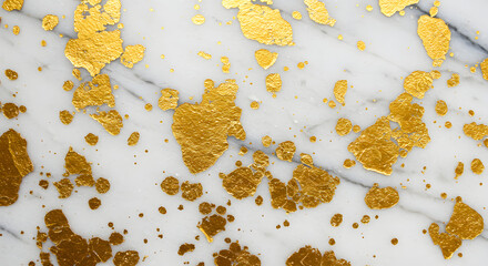 Elegant white marble texture with luxurious gold glitter flakes and subtle grey veining, creating a sophisticated and opulent abstract background