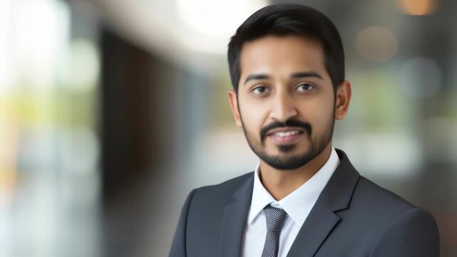 A professional man in a suit smiles with eyes closed. The video captures a close-up, blurred background adds depth, conveying a serene and confident mood.