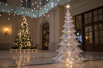 A elegant transparent glass tree with decoration season greetings , illustration art 