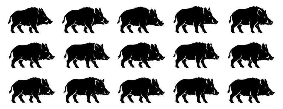 Wild boar silhouettes in walking and sniffing poses. Clean lines show high quality. The set highlights strong bodies and natural movement