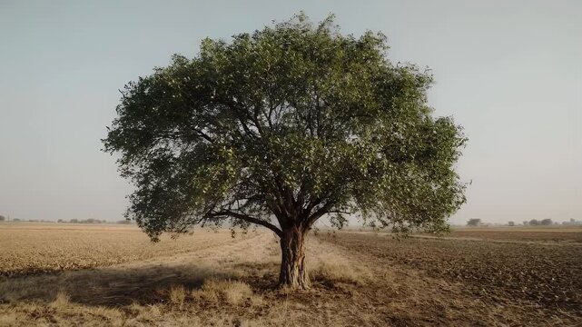 Solitary tree stands in a vast, sun-bleached field under a pale sky, branches stretching. Serene and simple landscape