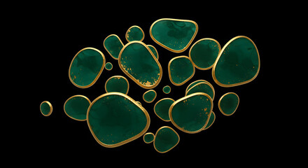 Elegant abstract composition of deep emerald green organic forms outlined in shimmering gold, suspended in a dark void, evoking luxury and mystery