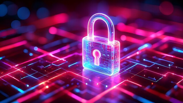 Cyber security lock with neon light effects and network connectivity - Powered by Adobe