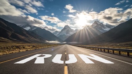 Motivational Run Journey on Open Road Towards Majestic Mountains.