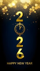 Golden 2026 happy new year clock and festive background