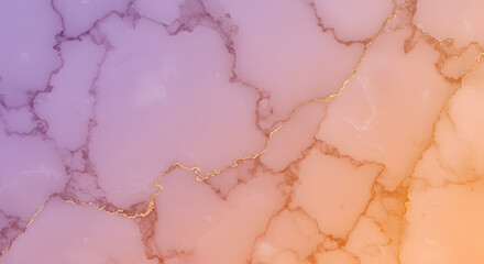 Elegant marble texture background with a luxurious gradient from soft purple to warm orange, featuring delicate shimmering gold veins for a sophisticated look