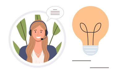 Female support agent with headset and speech bubble next to light bulb. Ideal for customer service, communication, creativity, problem solving, teamwork, innovation, and online assistance. A simple