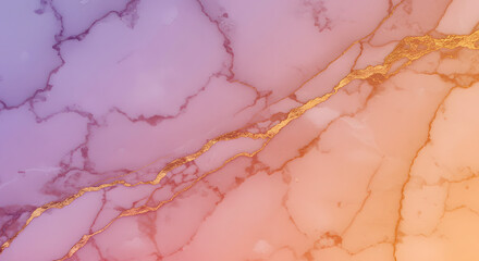 Luxurious purple, pink, and orange gradient marble texture with elegant shimmering gold glitter veins, creating a sophisticated and vibrant abstract background