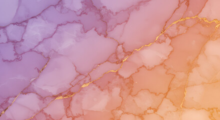 Abstract marble texture background with a beautiful gradient of soft purple, delicate pink, and warm orange hues, accented by shimmering golden veins