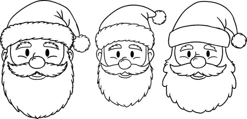 Festive Santa Claus faces with fluffy beards and hats holiday spirit christmas season graphic drawing detailed vector illustration celebration december cheerful outline