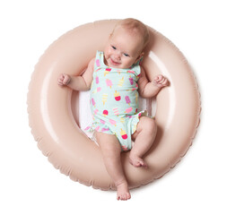 Cute little baby on inflatable ring against white background, top view