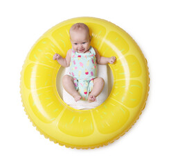 Cute little baby on inflatable ring against white background, top view