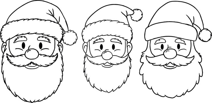 Festive Santa Claus faces with fluffy beards and hats holiday spirit christmas season graphic drawing detailed vector illustration celebration december cheerful outline