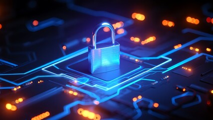 Cybersecurity concept padlock on circuit board digital network protection