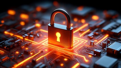 Cybersecurity concept padlock on electronic circuit board security data protection