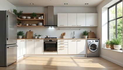 Modern kitchen interior with appliances, decor. Sleek white cabinets wooden countertops, flooring. Refrigerator oven washing machine, extractor hood. Potted plants window natural light enhance cozy