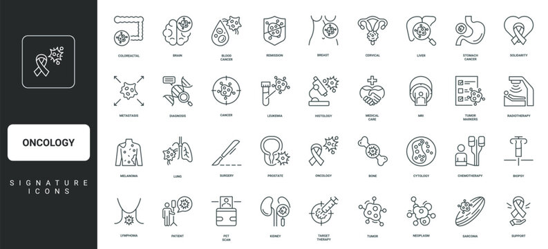 Biopsy and radiotherapy, metastasis, patients remission thin black and red outline symbols vector illustration Oncology diagnosis, cancer and tumor treatment, chemotherapy, surgery line icon set.