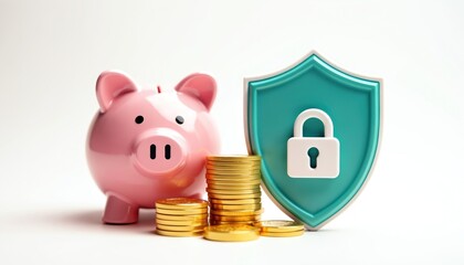 Piggy bank with gold coins and protection shield. Financial safety concept idea with padlock. Savings and investments are secured. Banking system ensures client stability and economic growth.