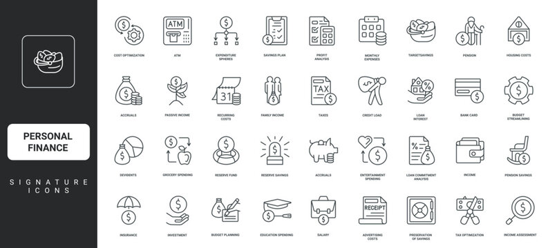 Family income and savings, debt, accounting thin black and red outline symbols vector illustration Personal finance plan, monthly payment and expenses control, budget analysis, tax line icon set.