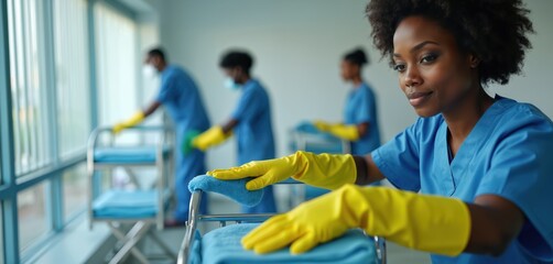 Diverse medical workers in blue scrubs and yellow gloves clean hospital rooms. They use carts with supplies for disinfection. Teamwork ensures a sterile environment for patient care.