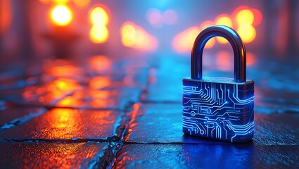 Cybersecurity concept padlock with a circuit board design protecting data