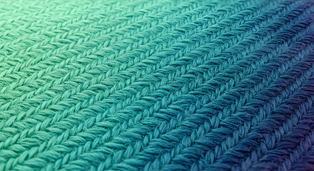 Vibrant knitted fabric texture with a smooth color gradient, transitioning from bright teal green to deep indigo blue, highlighting intricate stitches