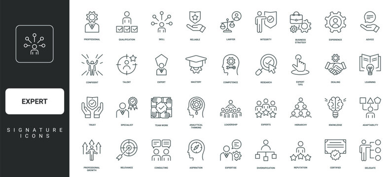 Experience and expertise, advices of specialist thin black and red outline symbols vector illustration Expert, professional skills and tips, competence and qualification, consulting line icon set.