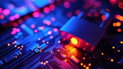 Cybersecurity data protection padlock on computer circuit board concept image