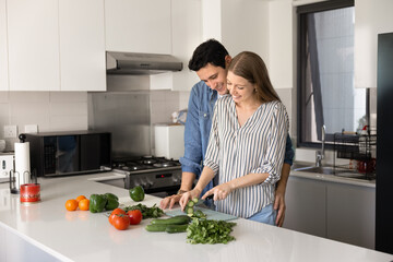 Loving couple preparing vegetable salad together in modern kitchen