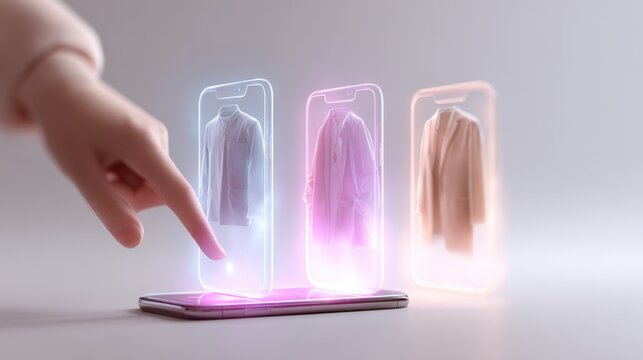 Hand interacting with smartphone displaying holographic clothing options, showcasing innovative fashion technology and digital shopping experience with vibrant colors and modern design