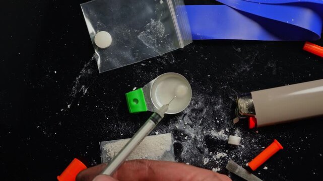 Drug user preparing liquid drugs in the syringe from cooker container used for mixing and heating a drug. Ready to inject drug addict taking tourniquet or tie to raise blood vein for needle.