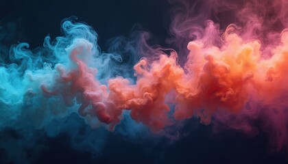 Obraz premium Wispy colored smoke drifts across dark background. Pink orange teal fumes swirl softly together. Abstract ethereal cloud vapor trails blend into moody atmosphere.