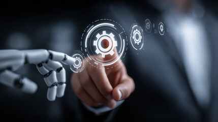Robot and businessman collaborating through digital interface with gear icons