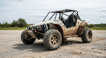 Rugged off-road dune buggy covered in mud on gravel terrain